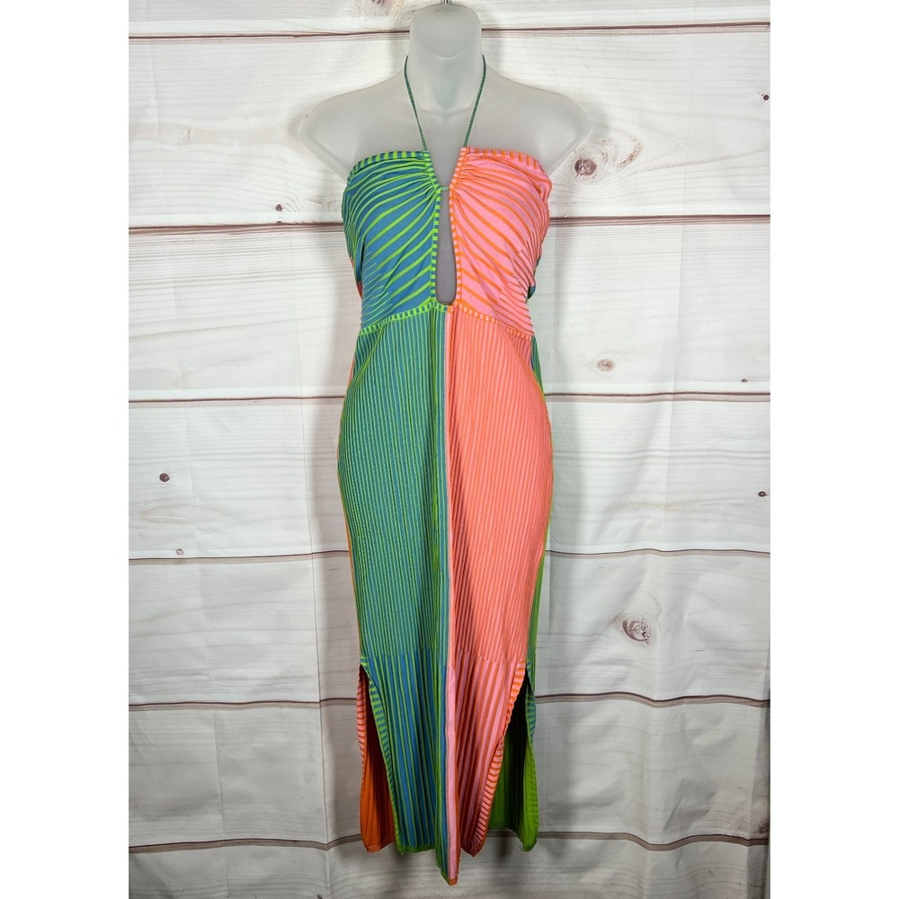 SOLID & STRIPED Colorblock Strapless Midi Dress in Green and Coral